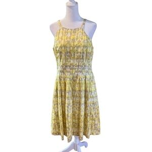 Calvin Klein Womens Yellow Tie Dye Dress Sleeveless Halter Neck Pockets Size 8